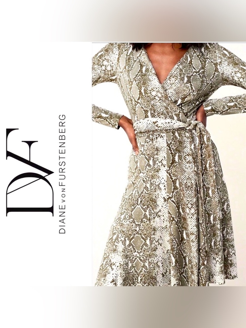 Diane Von Furstenberg “Elowen” Python Olive Wrap Dress Silk Size Large